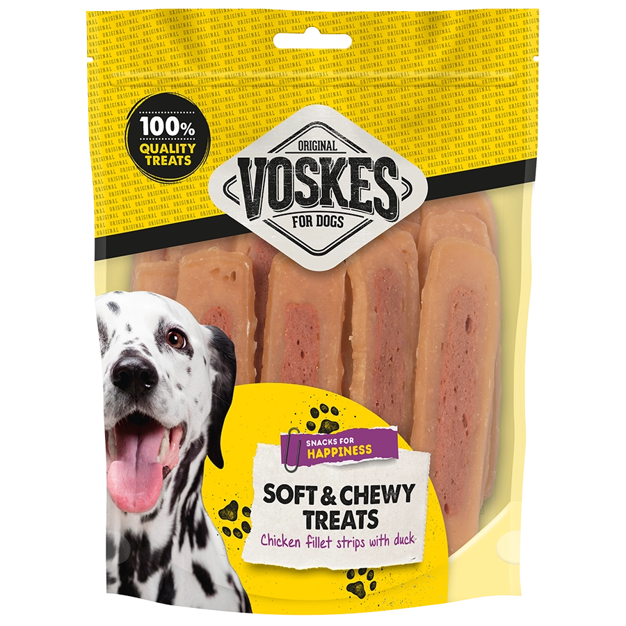 Voskes soft en chewy treats kipfilet strips met eend 400gr