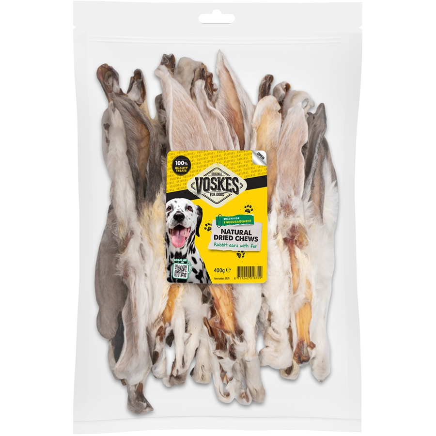 Voskes natural dried chews - konijnoren met vacht 400gr