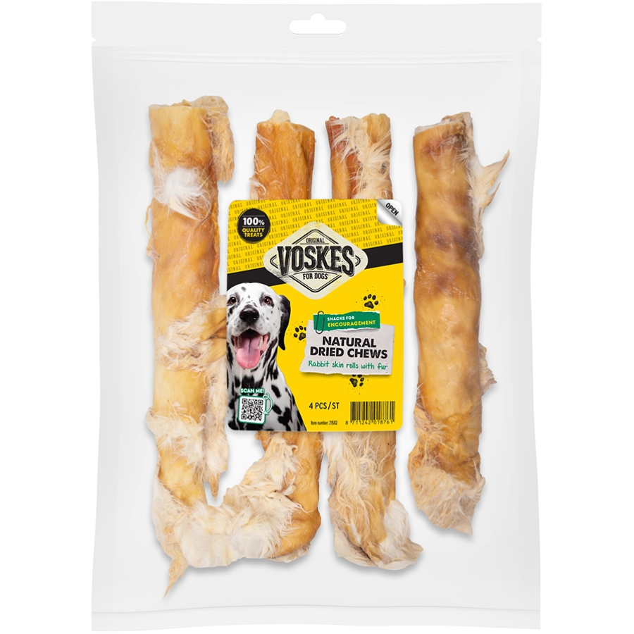 Voskes natural dried chews - konijnenhuidrollen met vacht 4stuks