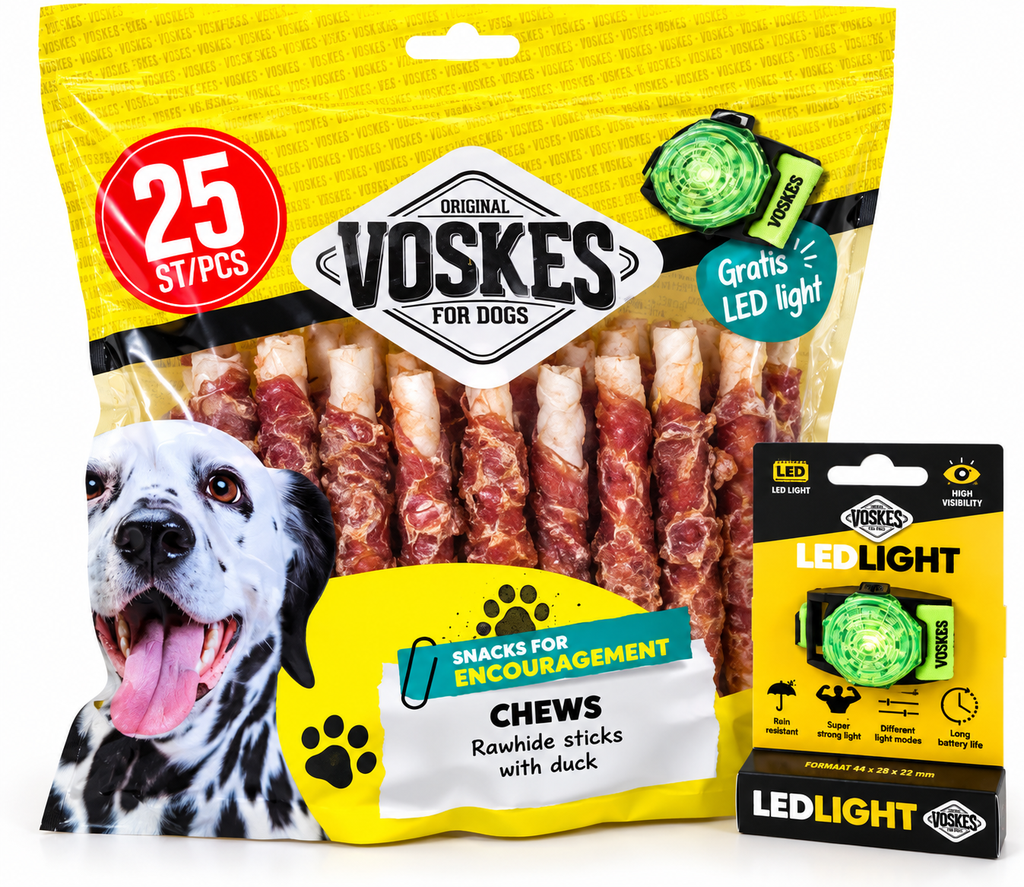 Voskes chews - rundersticks met eend 25stuks + GRATIS LED-light