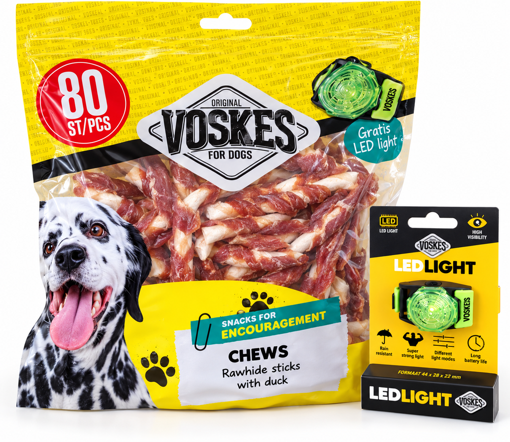 Voskes chews - rundersticks met eend 80stuks + GRATIS LED-light